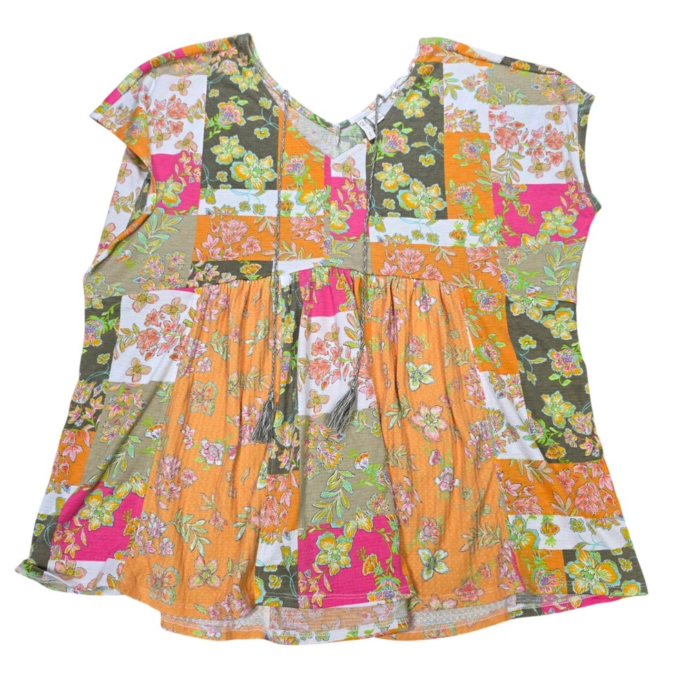Cato Patchwork Floral Babydoll Top Women's Size 18/20W Orange V-Neck Tassel